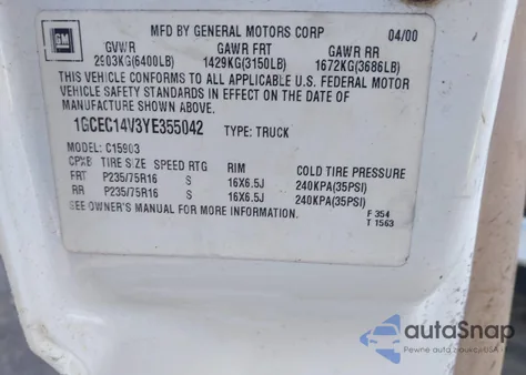 2000 Chevrolet Silverado 1500 from USA, damaged, VIN 1GCEC14V3YE355042